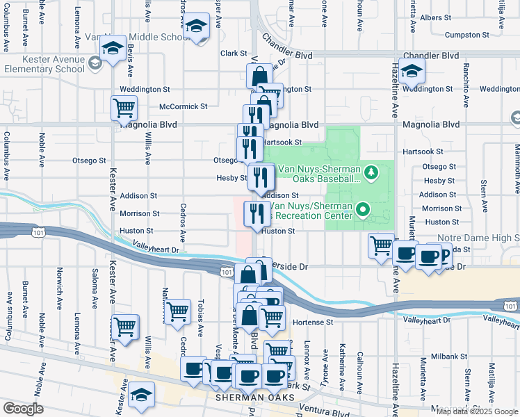 map of restaurants, bars, coffee shops, grocery stores, and more near 4969 Van Nuys Boulevard in Los Angeles