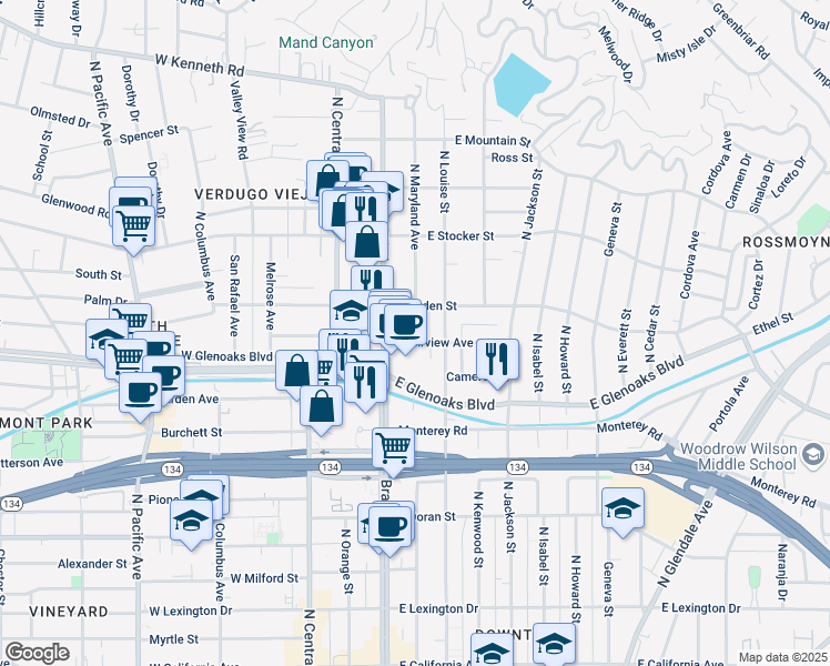 map of restaurants, bars, coffee shops, grocery stores, and more near 120 West Dryden Street in Glendale