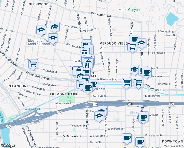 map of restaurants, bars, coffee shops, grocery stores, and more near 450 West Dryden Street in Glendale
