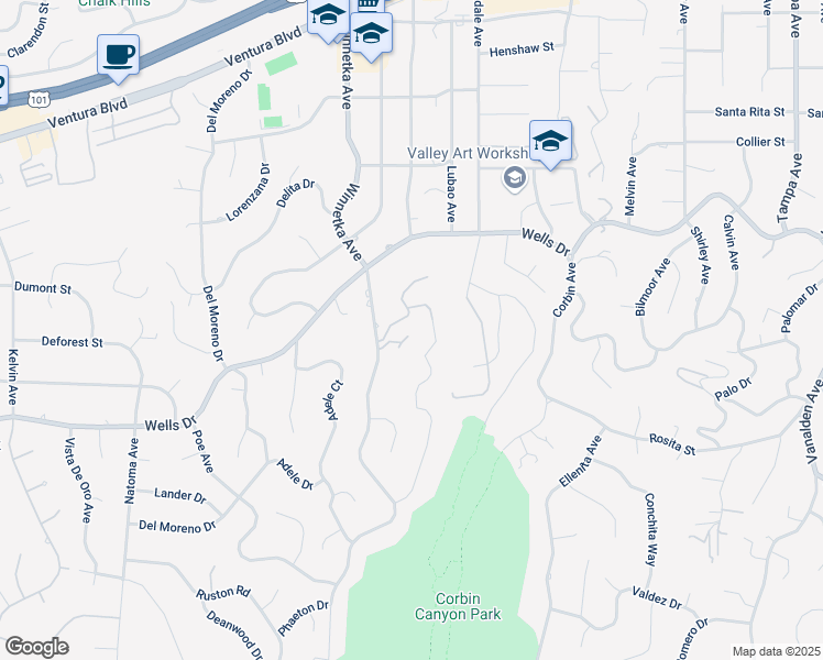 map of restaurants, bars, coffee shops, grocery stores, and more near 20000 Winnetka Place in Los Angeles