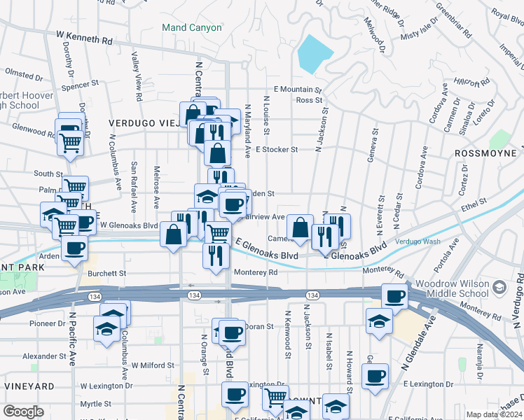 map of restaurants, bars, coffee shops, grocery stores, and more near 1007 North Louise Street in Glendale