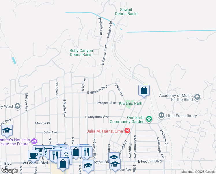 map of restaurants, bars, coffee shops, grocery stores, and more near 351 East Hillcrest Boulevard in Monrovia
