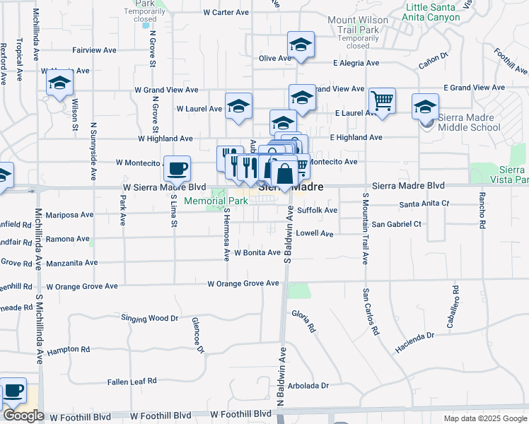 map of restaurants, bars, coffee shops, grocery stores, and more near 5 Mariposa Avenue in Sierra Madre
