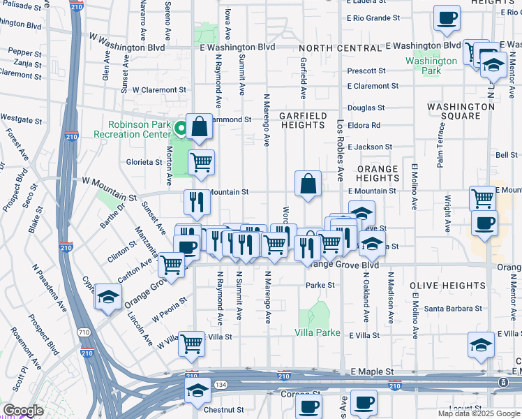 map of restaurants, bars, coffee shops, grocery stores, and more near 882 North Marengo Avenue in Pasadena