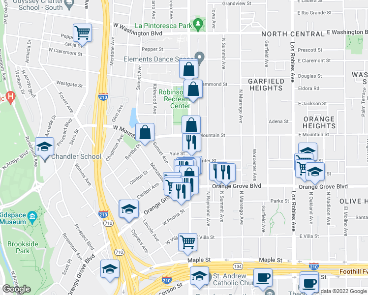 map of restaurants, bars, coffee shops, grocery stores, and more near 886 North Fair Oaks Avenue in Pasadena