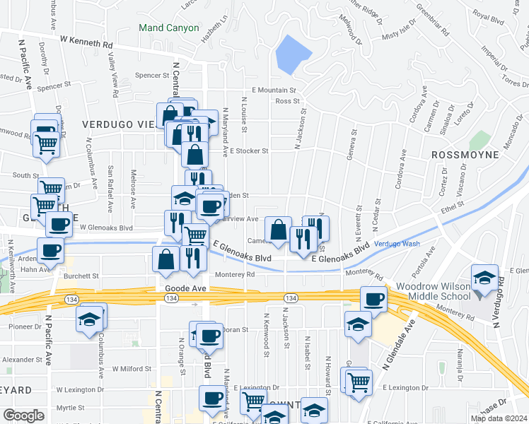map of restaurants, bars, coffee shops, grocery stores, and more near 6 Sherman Lane in Glendale