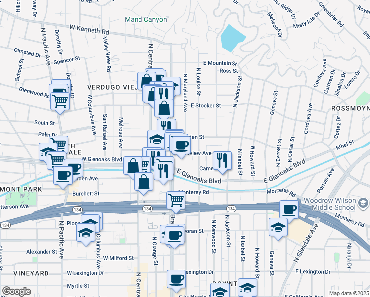 map of restaurants, bars, coffee shops, grocery stores, and more near 120 West Dryden Street in Glendale