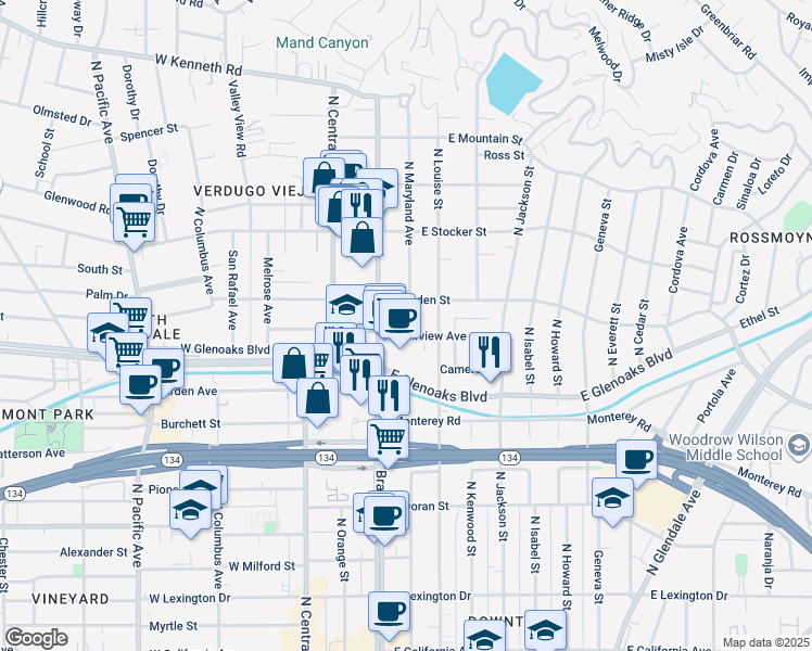 map of restaurants, bars, coffee shops, grocery stores, and more near 120 West Dryden Street in Glendale