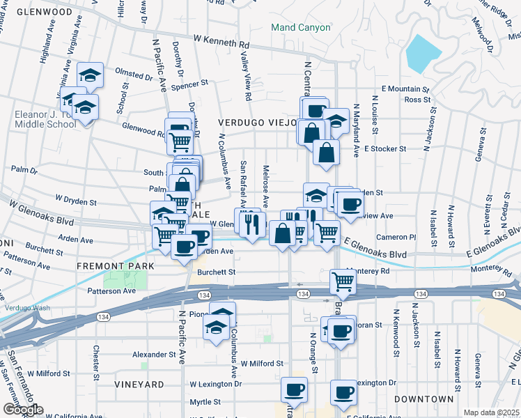 map of restaurants, bars, coffee shops, grocery stores, and more near 1025 Melrose Avenue in Glendale