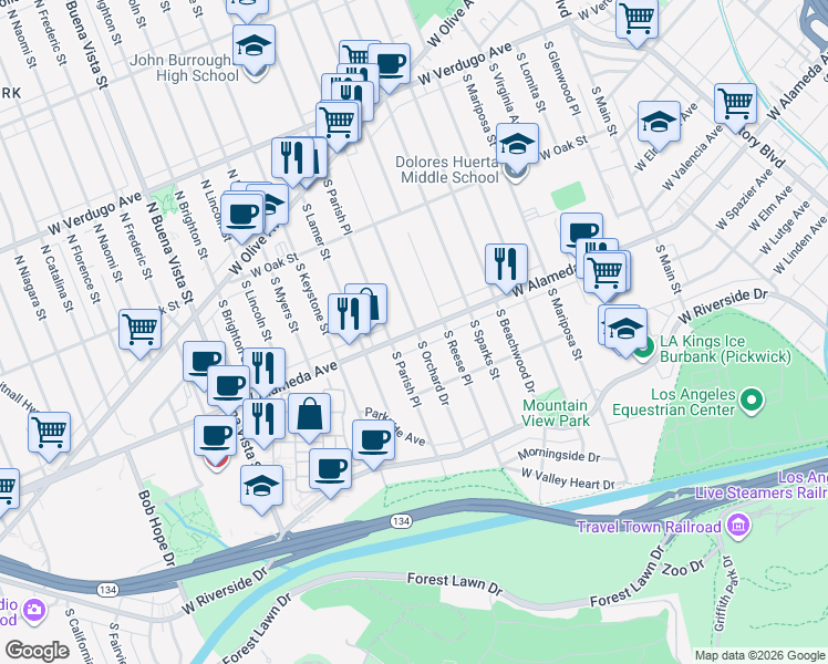 map of restaurants, bars, coffee shops, grocery stores, and more near 441 South Orchard Drive in Burbank
