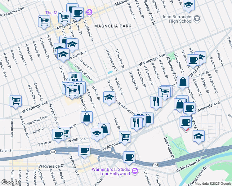 map of restaurants, bars, coffee shops, grocery stores, and more near 401 North Ontario Street in Burbank