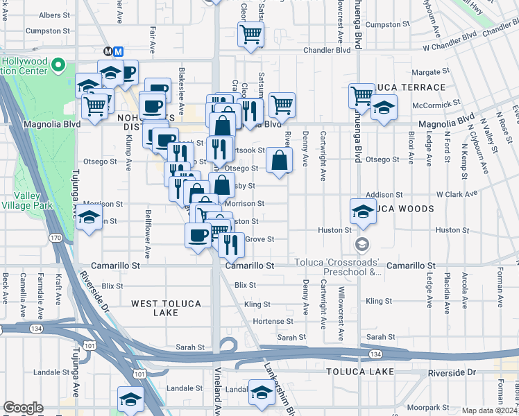 map of restaurants, bars, coffee shops, grocery stores, and more near 10857 Morrison Street in Los Angeles