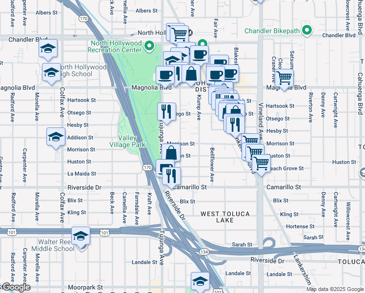 map of restaurants, bars, coffee shops, grocery stores, and more near 11265 Morrison Street in Los Angeles
