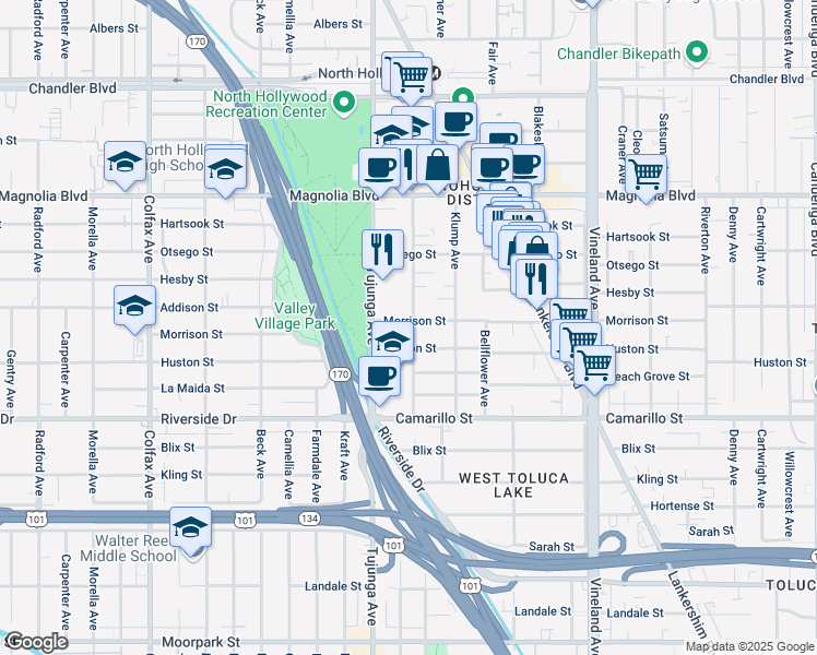map of restaurants, bars, coffee shops, grocery stores, and more near 11265 Morrison Street in Los Angeles