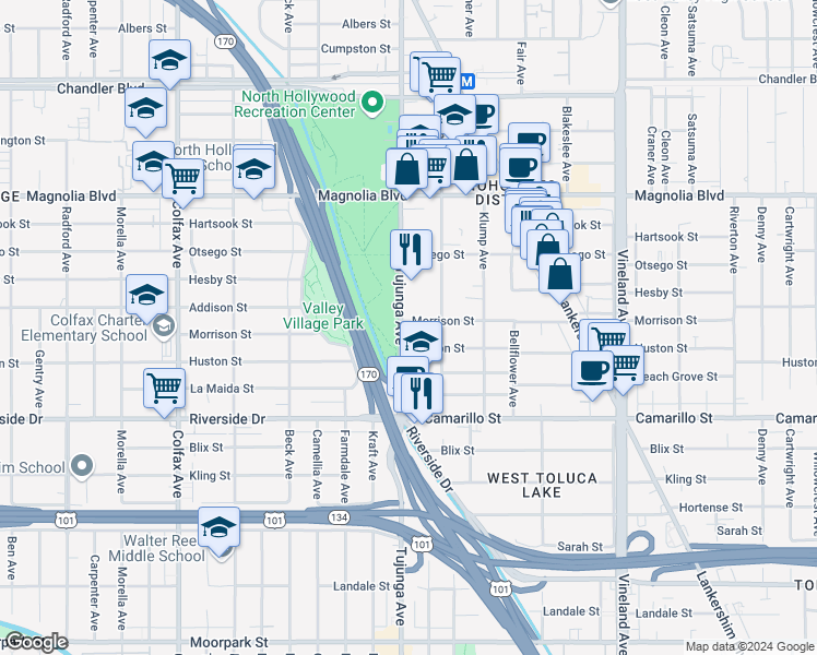 map of restaurants, bars, coffee shops, grocery stores, and more near 5002 Tujunga Avenue in Los Angeles