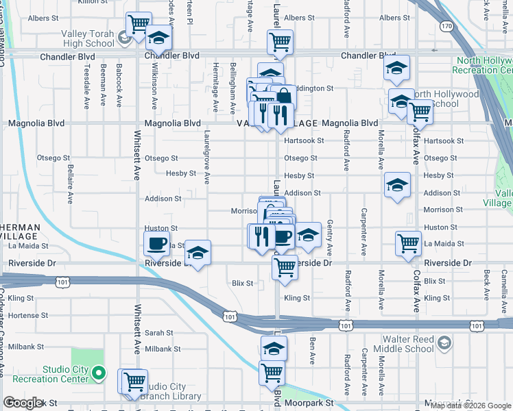map of restaurants, bars, coffee shops, grocery stores, and more near 12142 Addison Street in Los Angeles