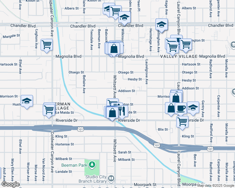 map of restaurants, bars, coffee shops, grocery stores, and more near 4955 Whitsett Avenue in Los Angeles