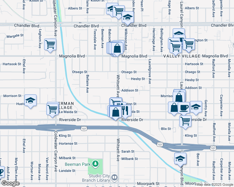 map of restaurants, bars, coffee shops, grocery stores, and more near 4955 Whitsett Avenue in Los Angeles