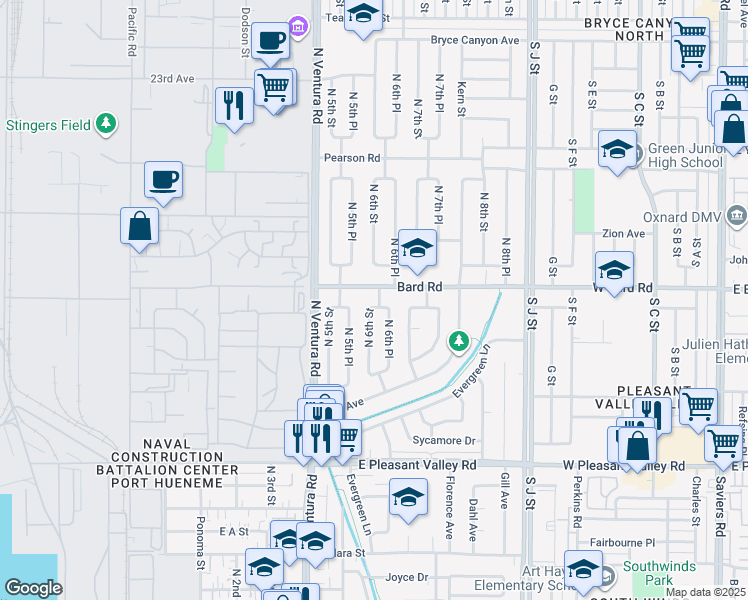 map of restaurants, bars, coffee shops, grocery stores, and more near 546 Bard Road in Port Hueneme
