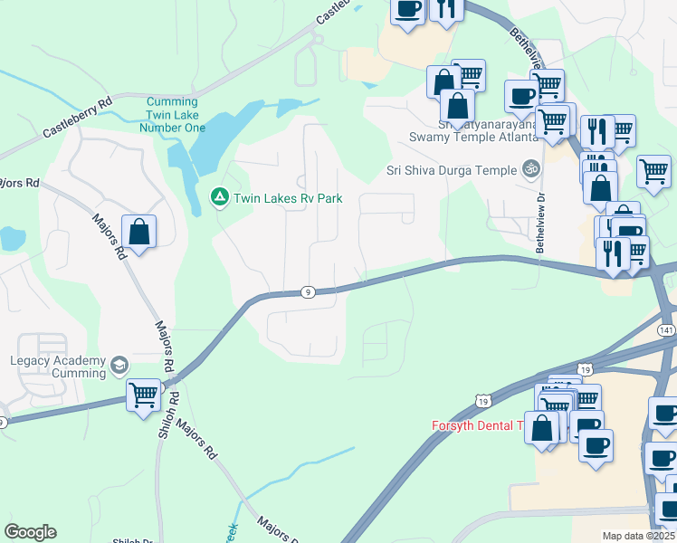 map of restaurants, bars, coffee shops, grocery stores, and more near 2872 Cross Creek Court in Cumming