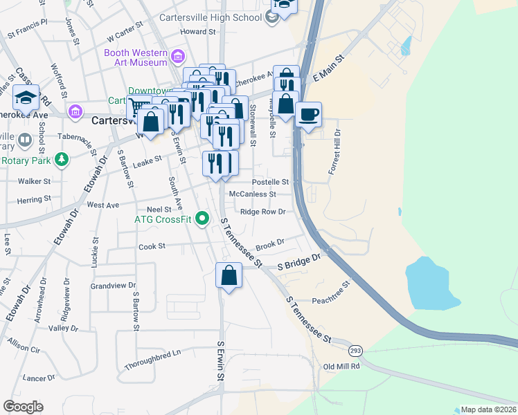 map of restaurants, bars, coffee shops, grocery stores, and more near 50 Ridge Row Drive in Cartersville
