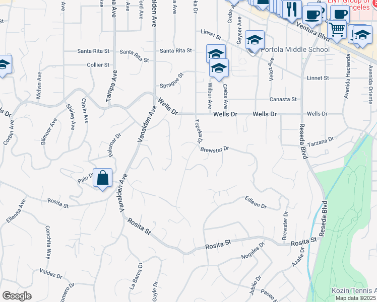 map of restaurants, bars, coffee shops, grocery stores, and more near 4955 Topeka Drive in Los Angeles