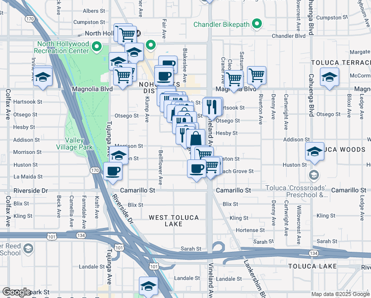 map of restaurants, bars, coffee shops, grocery stores, and more near 11111 Morrison Street in Los Angeles
