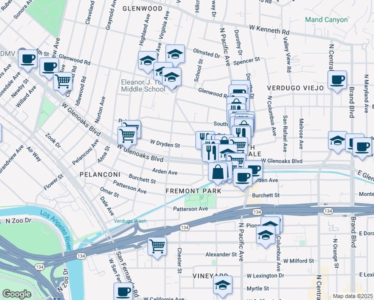 map of restaurants, bars, coffee shops, grocery stores, and more near 627 West Dryden Street in Glendale