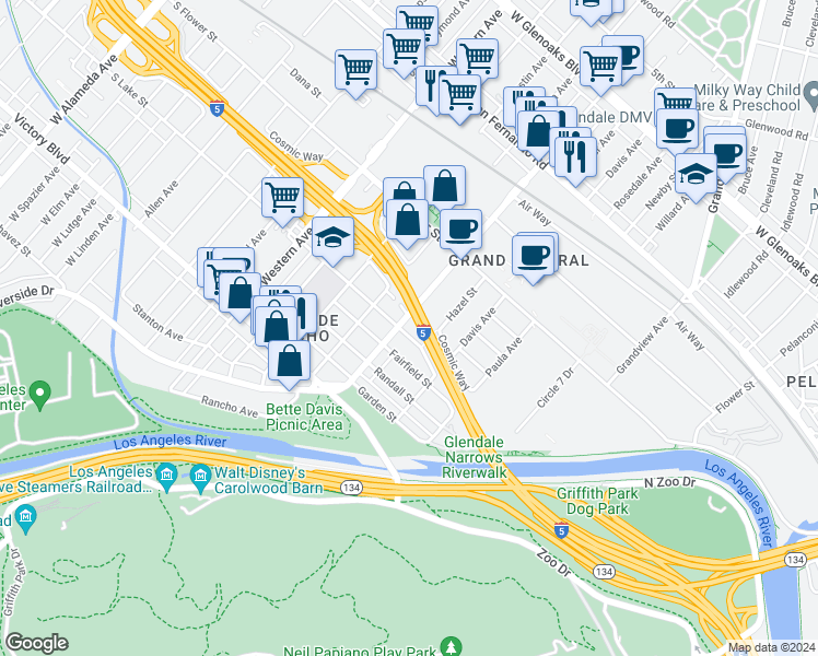 map of restaurants, bars, coffee shops, grocery stores, and more near 1445 Lake Street in Glendale