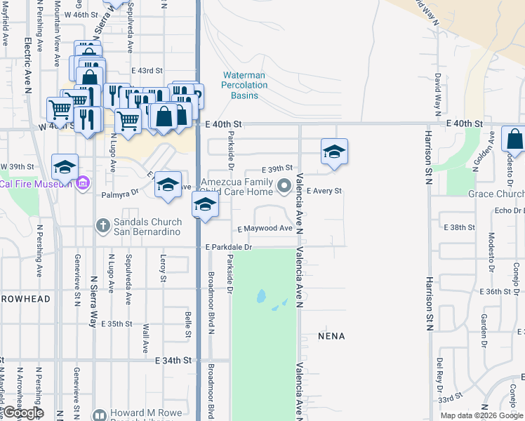 map of restaurants, bars, coffee shops, grocery stores, and more near 535 Fairmont Drive in San Bernardino