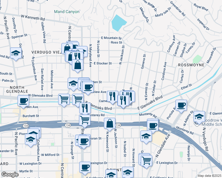 map of restaurants, bars, coffee shops, grocery stores, and more near 405 East Fairview Avenue in Glendale