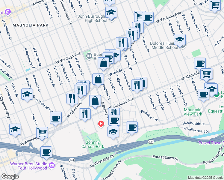 map of restaurants, bars, coffee shops, grocery stores, and more near 249 South Lincoln Street in Burbank