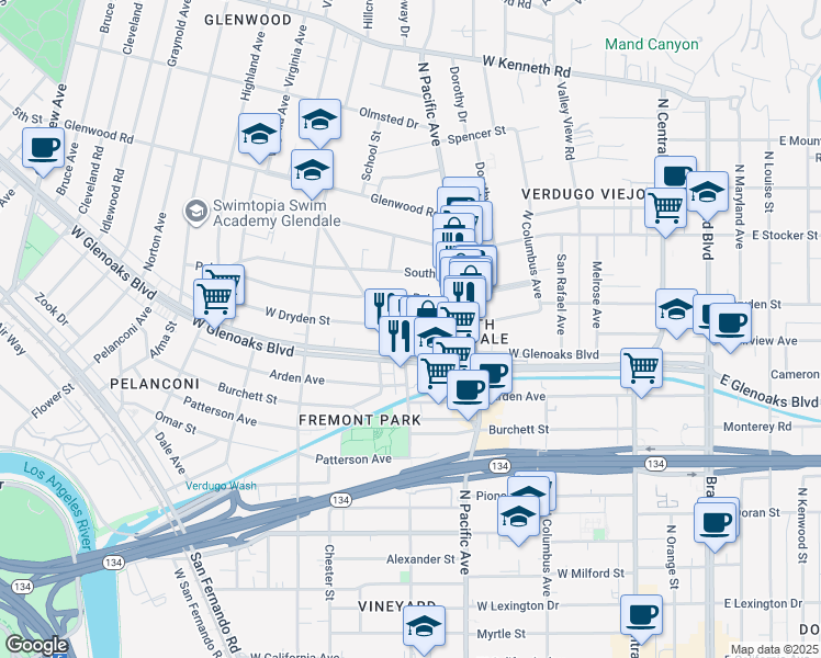 map of restaurants, bars, coffee shops, grocery stores, and more near 552 West Dryden Street in Glendale