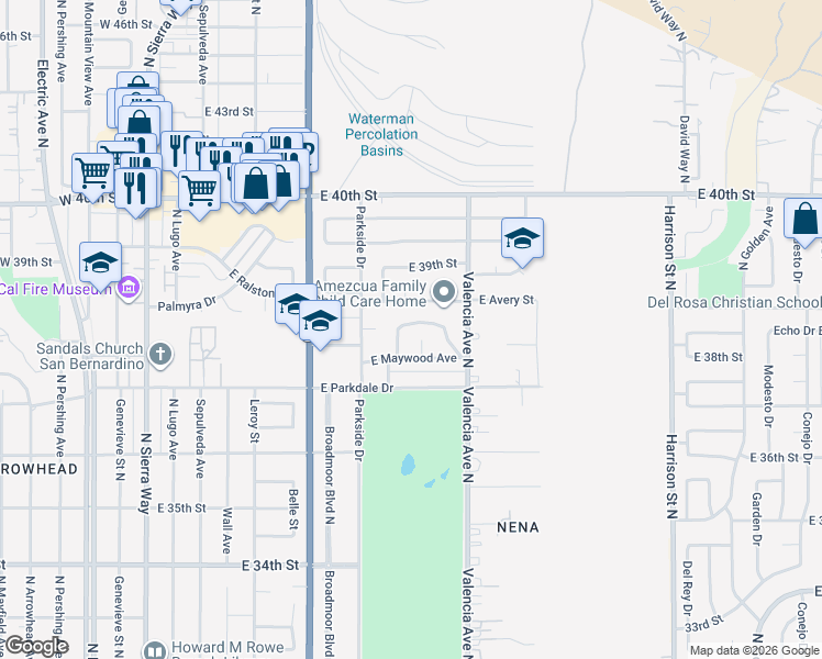 map of restaurants, bars, coffee shops, grocery stores, and more near 535 Fairmont Drive in San Bernardino
