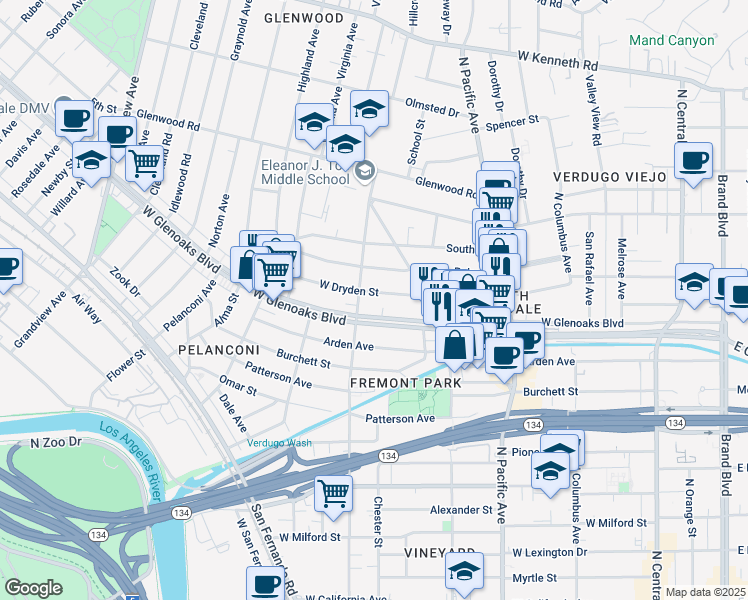 map of restaurants, bars, coffee shops, grocery stores, and more near 663 West Dryden Street in Glendale