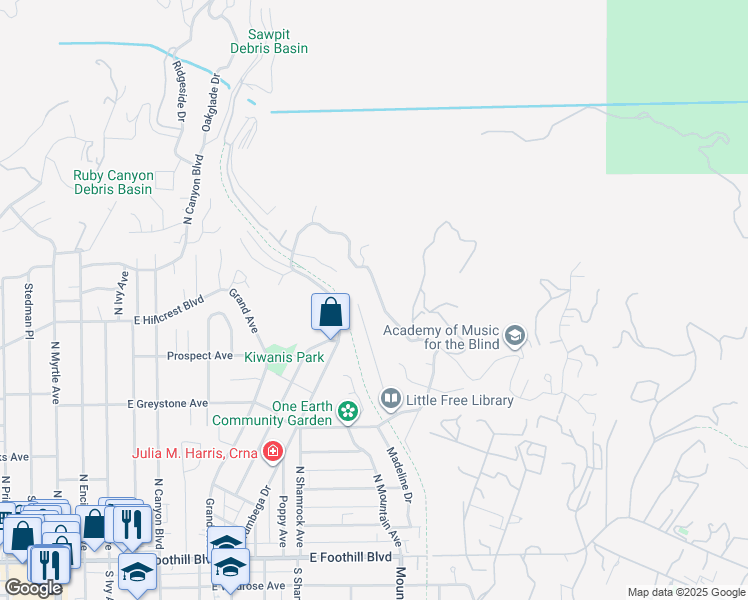 map of restaurants, bars, coffee shops, grocery stores, and more near 700 Norumbega Drive in Monrovia
