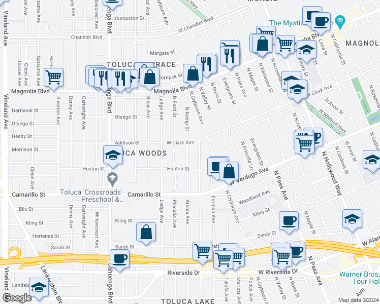 map of restaurants, bars, coffee shops, grocery stores, and more near 4940 Arcola Avenue in Los Angeles