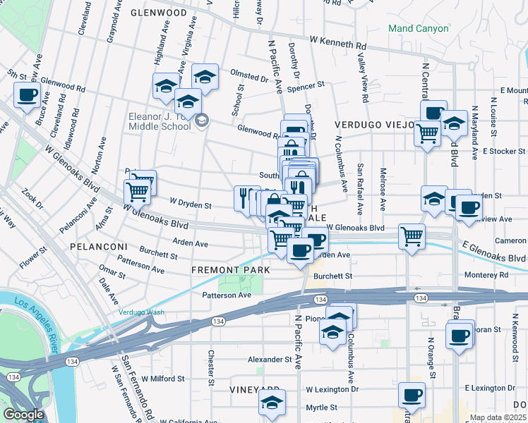 map of restaurants, bars, coffee shops, grocery stores, and more near 533 West Dryden Street in Glendale