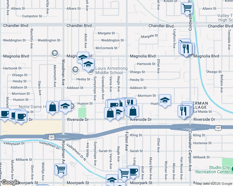 map of restaurants, bars, coffee shops, grocery stores, and more near 4941 Nagle Avenue in Los Angeles