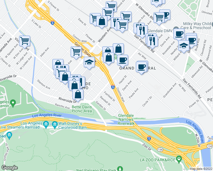 map of restaurants, bars, coffee shops, grocery stores, and more near Sonora Avenue & Lake Street in Glendale