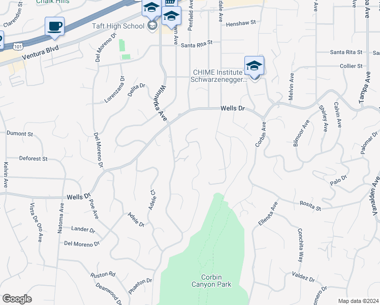 map of restaurants, bars, coffee shops, grocery stores, and more near 20000 Winnetka Place in Los Angeles
