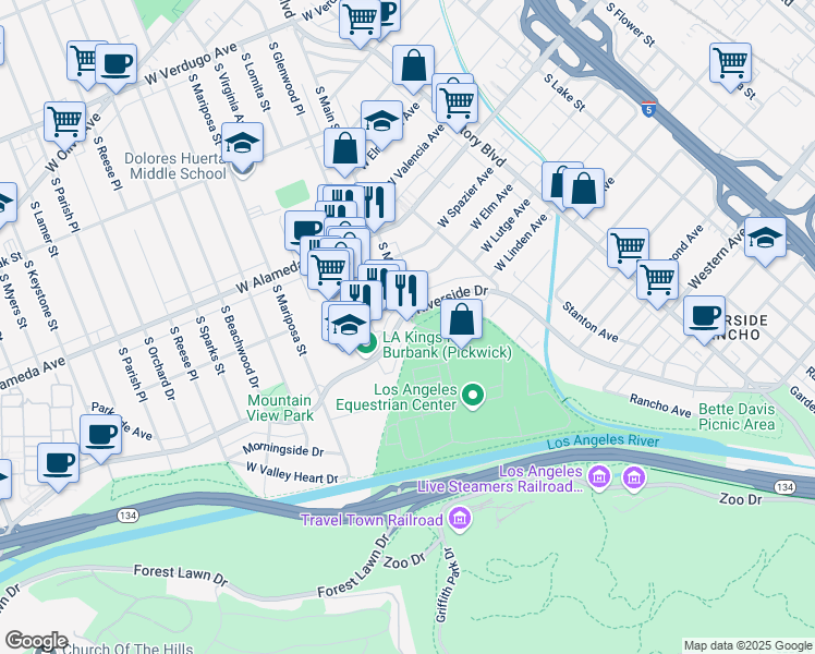 map of restaurants, bars, coffee shops, grocery stores, and more near 921 West Riverside Drive in Burbank