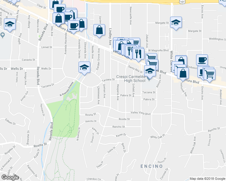 map of restaurants, bars, coffee shops, grocery stores, and more near 5016 Lindley Avenue in Los Angeles