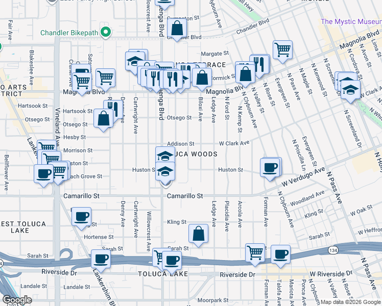 map of restaurants, bars, coffee shops, grocery stores, and more near 4936 Strohm Avenue in Los Angeles