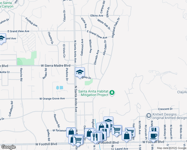 map of restaurants, bars, coffee shops, grocery stores, and more near 1637 Elevado Avenue in Arcadia