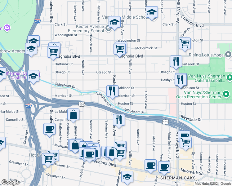 map of restaurants, bars, coffee shops, grocery stores, and more near 4975 Kester Avenue in Los Angeles