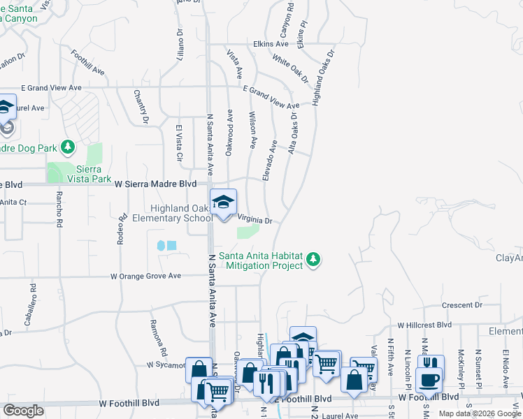 map of restaurants, bars, coffee shops, grocery stores, and more near 1637 Elevado Avenue in Arcadia