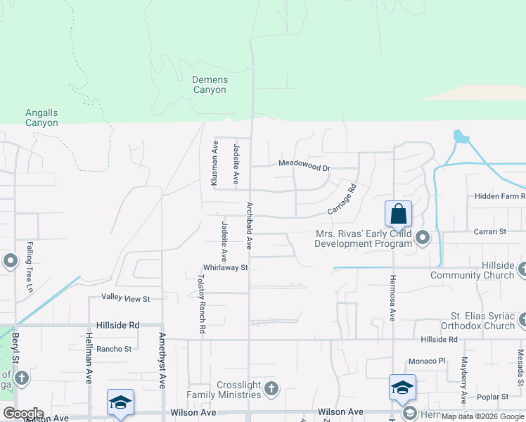 map of restaurants, bars, coffee shops, grocery stores, and more near 9738 Hidden Farm Road in Rancho Cucamonga