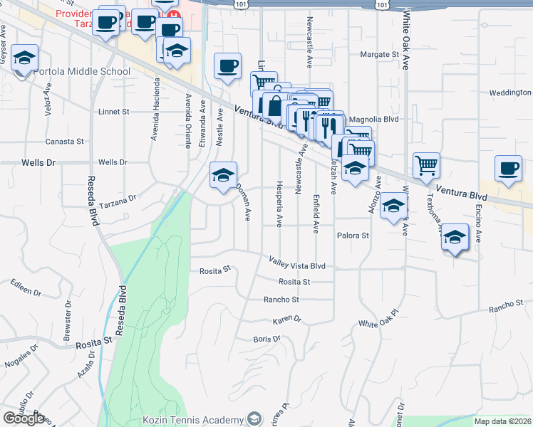 map of restaurants, bars, coffee shops, grocery stores, and more near 5016 Lindley Avenue in Los Angeles
