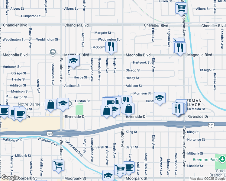 map of restaurants, bars, coffee shops, grocery stores, and more near 4941 Nagle Avenue in Los Angeles